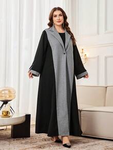 Al Najma Plus Size Casual Dragon & Phoenix Patchwork Lapel Collar Long Sleeve Loose Abaya, Suitable For Spring And Autumn