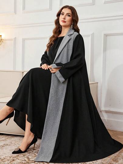 Al Najma Plus Size Casual Dragon & Phoenix Patchwork Lapel Collar Long Sleeve Loose Abaya, Suitable For Spring And Autumn