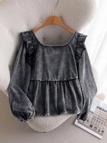 CosyJoli Áo thun cổ vuông tay bồng cỡ lớn, thắt nơ, dài tay, mặc hàng ngày đa năng - Màu xám đen - Xem 5