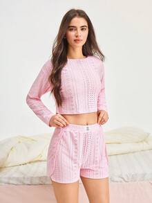 Bonmuse 2 pezzi Set pigiama da donna comodo con collo rotondo semi-traforato e maniche lunghe + pantaloncini con spacco laterale, abbigliamento autunnale per l'estate - Rosa - Visualizzare 4