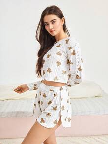 Bonmuse 2 pièces Ensemble de vêtements de nuit femme confortable avec imprimé ours creux, manches longues - Haut col rond + Short fendu sur le côté, tenue d'intérieur, vêtements d'automne - Blanc - Voir 4