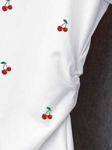 Resyla Versatile Short Sleeve Blouse With Gathered Waist, All-Over Cherry Print, For Summer - Blanco - View 4