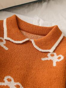 Genkimix Kids 秋冬季少女毛衣套装（两件套），可爱彼得潘领蝴蝶结针织套头毛衣，直筒开衩裤 - 鏽棕色 - 查看 3