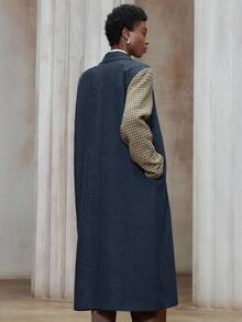 Aveloria Modichic Tissu rétro, design patchwork à carreaux sur les manches, décoration élégante de boutons sur le col ample pour un manteau long