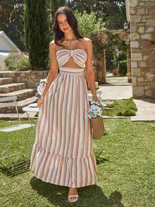 KARISMINA 鏤空細節條紋荷葉邊下擺繞頸洋裝 - 彩色 - 查看 1