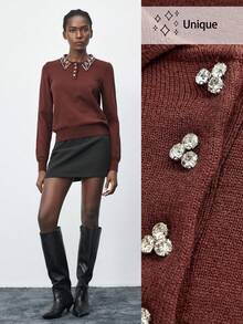 Maija Krótki sweter z okrągłym dekoltem i zdobieniem ze strasów, odpowiedni na wczesną jesień, Walentynki, jesień dla kobiet, zimowy sweter damski, Boże Narodzenie, Święto Narodowe, Nowy Rok, elegancki top na imprezę, styl Old Money