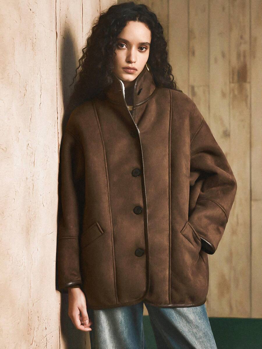 Arave Damen Wildleder Fleece Stoff Vorderseite Knopfverschluss Drop Shoulder Stehkragen Lässig Pendler Regular Jacke - Schokoladenbraun - Übersicht 1