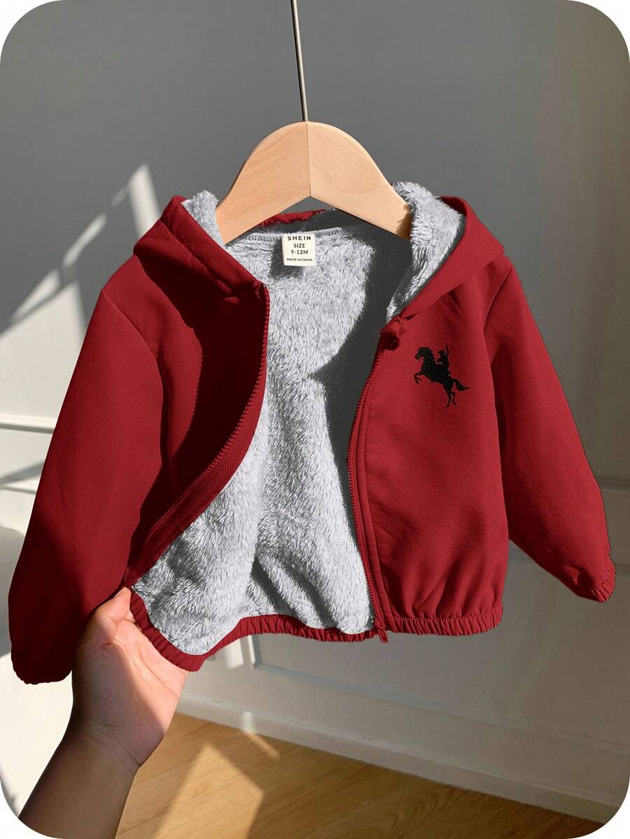 SHEIN 男女宝宝通用酒红色保暖连帽外套，休闲可爱，适合男宝宝和女宝宝，秋冬季穿着