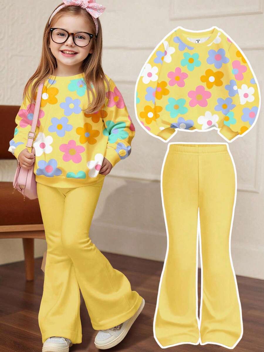 SHEIN Happikins Vibrant Yellow, Cute Dopamine Flower Pattern Young Girl Casual Minimalist Crew Neck Long Sleeve Sweatshirt And Flare Pants Set, Suitable For Autumn/Winter Fall