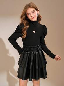 SHEIN 2件套 少女休闲圣诞新年红色T恤和红色格子裙 - 黑色 - 查看 5