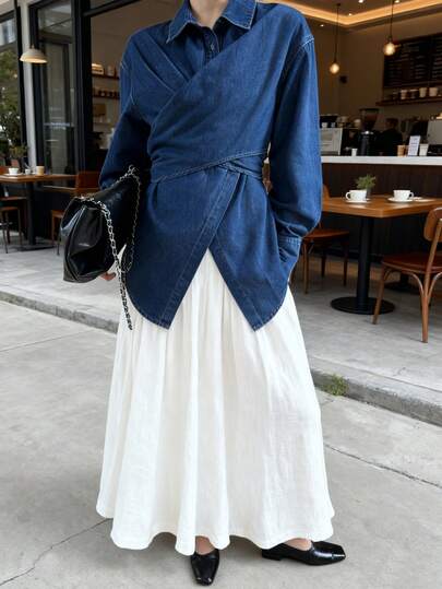 K-Vae Women's Autumn And Winter Wrap-Around Waist Denim Shirt, Four-Season Shirt, Daily Commuting Shirt, Old Money Style Shirt,New Year's Wear