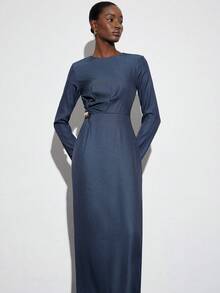 Aveloria Modichic Elegant Metal Decor Ruched Waist Slit Design Long Sleeve Dress, European And American Style - Navy Blue - View 3