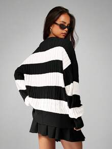 MISSGUIDED Pulover supradimensionat cu dungi, tricotat cu împletitură, cu decolteu în V, pentru toamna și iarna, casual - Negru - Vizualizare 2