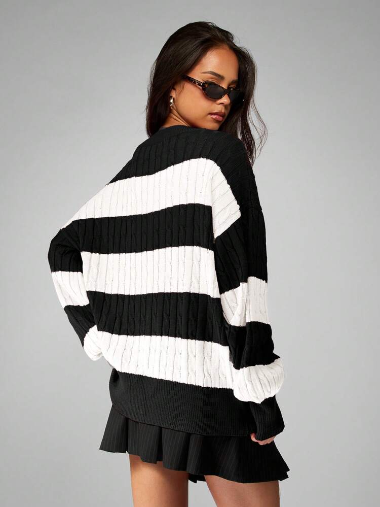 MISSGUIDED Oversized Cable Knit V-Neck Striped Sweater For Fall Winter Casual Pullover
