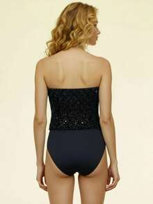 CAJUNI Women's Black Sequin Strapless Bodysuit,Summer 70's Club Party Disco,Classic Corset-Style Bustier,Elegant Sweetheart Neckline,Sleeveless Glitter Top - Black - View 2