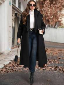 SHEIN Clasi Manteau matelassé long à capuche en couleur noire unie pour femmes rondes et grandes tailles. Avec doublure en coton et poches. Présente un col capuche style costume, double poches, de haute qualité, chaud, confortable et isolant. Convient pour de multiples occasions, nouvelle collection 2025 - Noir - Voir 6