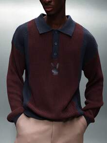 PLAYBOY X SUMWON 男士长袖针织 Polo 衫，撞色领和条纹图案，适合秋冬季商务休闲穿着