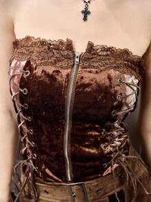 ROMWE Avant 女士Y2K撞色蕾丝孔眼系带拉链前开襟时尚抹胸迷你连衣裙 - 咖啡棕 - 查看 5