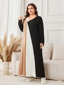 Lacomfia Vestido largo de punto de textura de parchwork holgado y casual para mujer de talla grande, adecuado para otoño/invierno - Multicolor - Ver 4