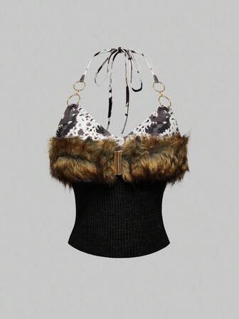 Hippie Top court sexy Y2K pour femmes, Top à encolure bâtière en patchwork de fausse fourrure et imprimé léopard