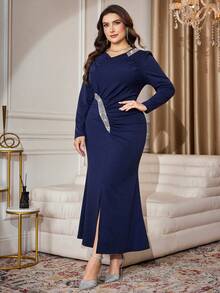 Modelyn 大码女式亮片装饰领长袖褶皱腰部闪亮派对连衣裙 - 藏蓝色 - 查看 7