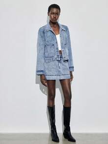 Maija 女士长袖单排扣口袋牛仔外套和牛仔迷你裙休闲套装，都市通勤商务休闲装 - 中等水洗藍 - 查看 6