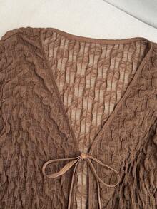 SHEIN LUNE 女士休闲棕色纹理喇叭袖系带衬衫，棕色女式衬衫，深棕色上衣，巧克力棕色上衣，棕色长袖上衣，秋季女装，长袖上衣，冬季女装，休闲款 - 棕色 - 查看 6