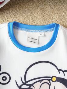 Popeye X SHEIN Bộ đồ ngủ liền thân co giãn màu tương phản họa tiết hoạt hình sọc xanh trắng cho bé trai - Màu xanh lam - Xem 6