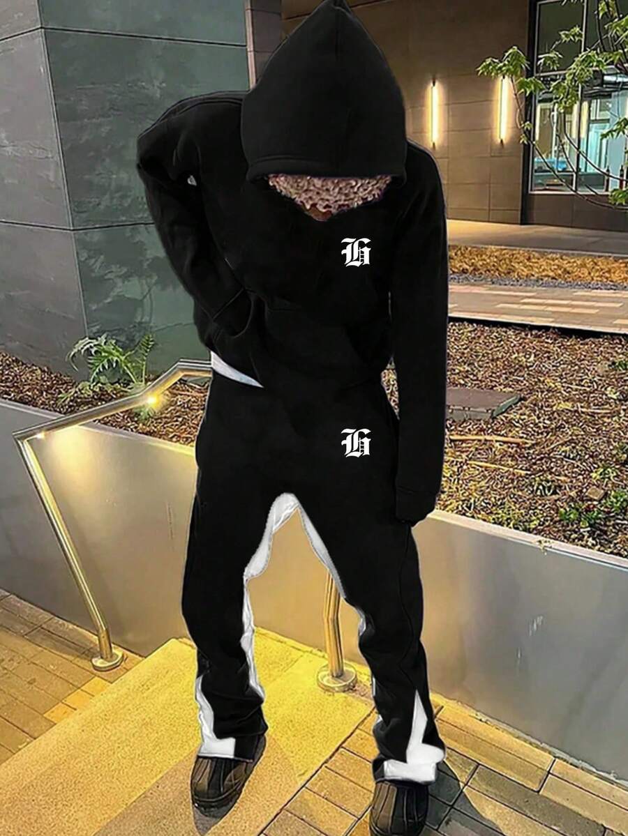 SHEIN 2pcs/Set Teens Boys' Loose Casual Graphic Hoodie And Sweatpants Set - Black and White - View 1