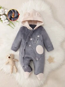 SHEIN Perso Play Tutina con cappuccio e piedini in stile patchwork, con motivo carino a orsetto cartoni animati e design orecchie 3D ricamate, grigia, morbida e confortevole per l'autunno/inverno - Grigio Scuro - Visualizzare 5