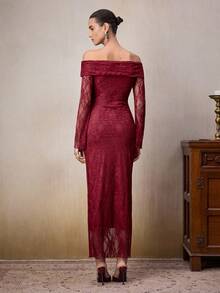 Modelyn 女士优雅露肩喇叭袖连衣裙，秋季 - 酒紅色 - 查看 2