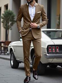 Manfinity Mode Men's Solid Color Patchwork Button Front Long Sleeve Jacket And Pants Set, Men's Solid Color Relaxed Lapel Blazer And Bias Pocket Pants Set - Brown - View 6