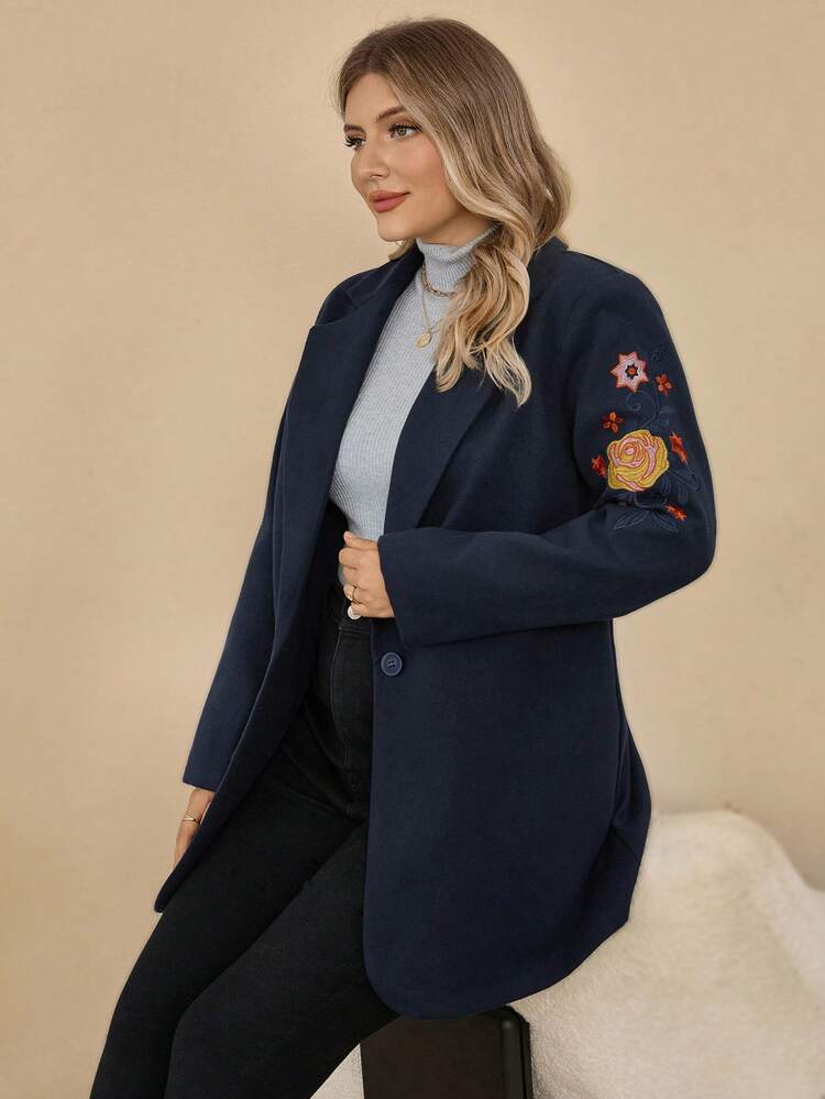 Plus Size Women Floral Embroidery Lapel Neck Long Sleeve Casual Blazer Winter Christmas New Year Blazer