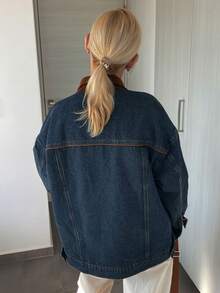 Vivie Lora Women's Denim Lapel Patchwork Loose Denim Jacket Long Sleeve Tops - Blue - View 3