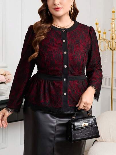 Reflora Plus Size Burgundy Lace Waist Cinched Black Lace Jacket, Elegant Romantic Short Jacket, Burgundy Outerwear, Suitable For Formal Events, Parties, Casual And Work Wear, Autumn,Red Blouse,New Year Clothes,New Year Outfit,Christmas Clothes,Winter Clothes For Women, Women's Winter Jacket,Christmas Outfit For Women,Thanksgiving Outfit For Women, Elegant Blouses For Women,Elegant Women's Blouses,Lace Top,Peplum Top,Peplum Jacket,2025 New Jacket