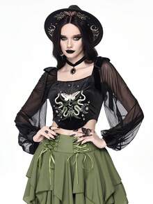 ROMWE Goth Blusa ajustada con estampado de planta de bruja y luna en las mangas tipo linterna para mujer - Negro - Ver 9