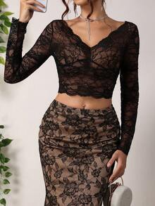 Glisette Fashionable & Elegant Women's Sexy Black Lace Blouse Lace 2 Piece Set Sexy Skirt Set Black See Through Top Mesh Two Piece Set Lace Long Sleeve Top And Stylish Clothing Collection  Black Top - Black - View 5