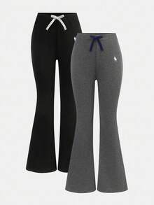 SHEIN 2pcs Tween Girls Casual Versatile All-Match Flared Thermal Lined Pants, Black & Gray - Multicolor - View 3