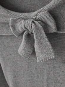 Franclia Women's Minimalist Collared Bowknot Open Shoulder Long Sleeve Solid Color Knit Pullover Sweater - Dark Grey - View 7