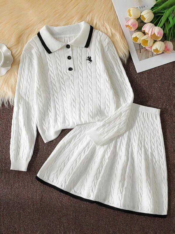 Tween Girl Casual Color Block Trim Sweater & Knit Skirt Set, Autumn Tween Matching Set Knit Tween Girl Sets Long Sleeves White Set 2 Pieces For Girls Preppy Two Piece Set Tween Girl Sets Summer Long Sleeves White 2 Piece Girl Set