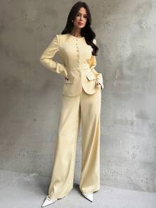 Firerie 女士纯色圆领长袖单排扣外套和阔腿裤优雅两件套/女士冬季服装/优雅派对两件套/优雅女士套装/复古风格套装/教师套装/办公套装/秋冬室内办公套装/天鹅黄两件套/套装/复古风格 - 鵝黃色 - 查看 4