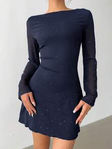 Aloruh Elegant Bowknot Backless Sexy Glitter Fabric Fitted Mini Dress Navy Blue Elegant Dress Open Back Dresses - Navy Blue - View 3