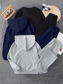 6件套男童休闲运动校服套装，包括灰色、黑色、红色连帽卫衣和运动裤，价格实惠的多件装，百搭实用 - 彩色 - 查看 2