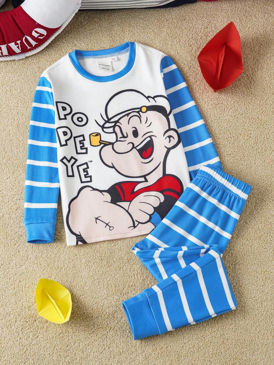 Popeye X SHEIN Bộ đồ ngủ liền thân co giãn màu tương phản họa tiết hoạt hình sọc xanh trắng cho bé trai - Màu xanh lam - Xem 1
