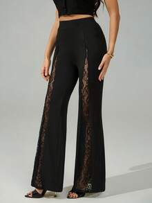 SHEIN Tall 高腰时尚百搭性感撞色蕾丝喇叭裤 - 黑色 - 查看 7