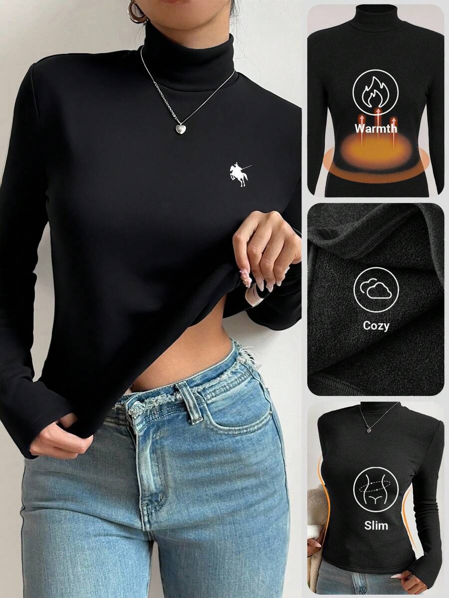 SHEIN BASICS 休闲简约百搭白色骏马图案印花保暖长袖T恤,女士款,适合秋冬季穿着 - 黑色 - 查看 1
