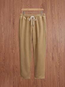 SWAVVY Men's Letter Embossed Round Neck Drop Shoulder Long Sleeve T-Shirt And Drawstring Waist Pants Casual Suit - Khaki - View 3