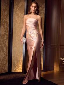 MOTF Soiréza WOMEN'S RUCHED BUST STRAPLESS FLOOR-LENGTH PARTY GOWN , BACK LACE-UP DETAIL, VIBRANT SEQUIN FLORAL APPLIQUES, SATIN HIGH SIDE SLIT & FORM-FITTING SILHOUETTE , PERFECT FOR WEDDINGS, GALAS & FORMAL EVENTS , PAIR WITH STRAPPY HEELS & STATEMENT JEWELRY