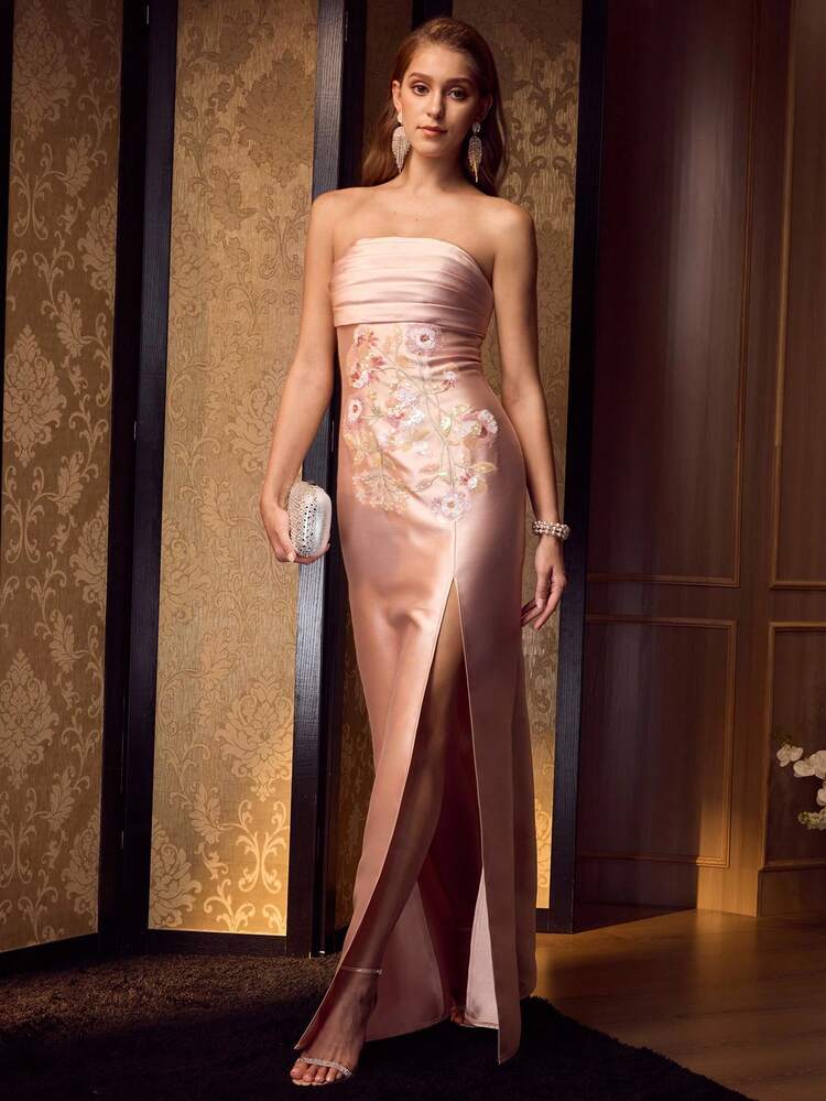 MOTF Soiréza WOMEN'S RUCHED BUST STRAPLESS FLOOR-LENGTH PARTY GOWN , BACK LACE-UP DETAIL, VIBRANT SEQUIN FLORAL APPLIQUES, SATIN HIGH SIDE SLIT & FORM-FITTING SILHOUETTE , PERFECT FOR WEDDINGS, GALAS & FORMAL EVENTS , PAIR WITH STRAPPY HEELS & STATEMENT JEWELRY