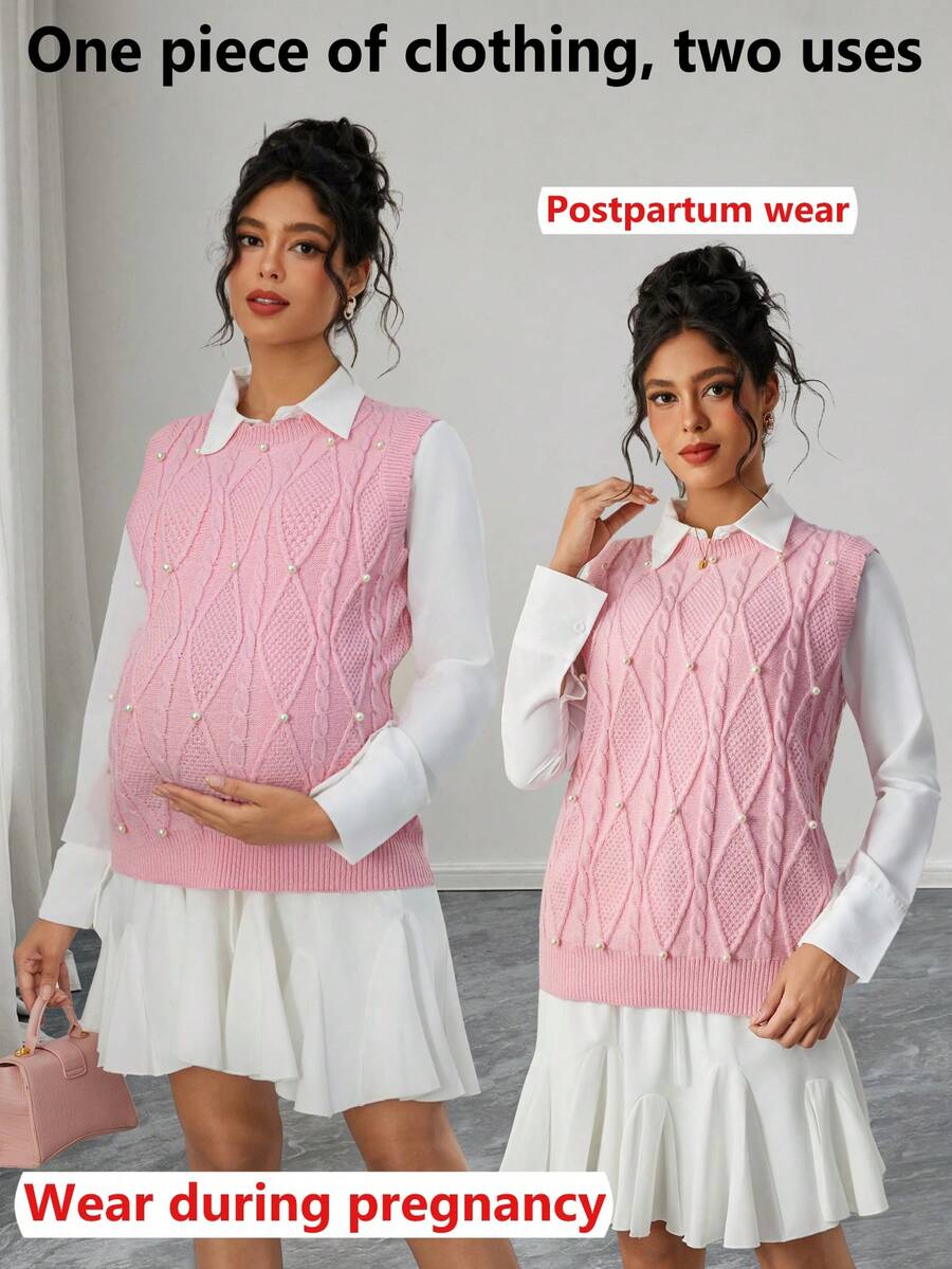 Momance Maternity Sleeveless Knitted Diamond Pattern Casual Versatile Daily Sweater Vest